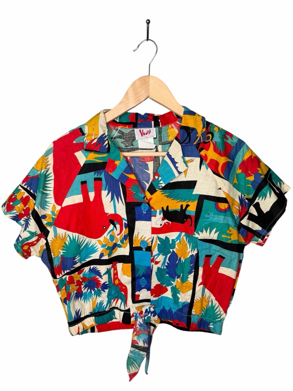 Vintage Multicolor Tropical Print Tie-Front Crop Shirt
